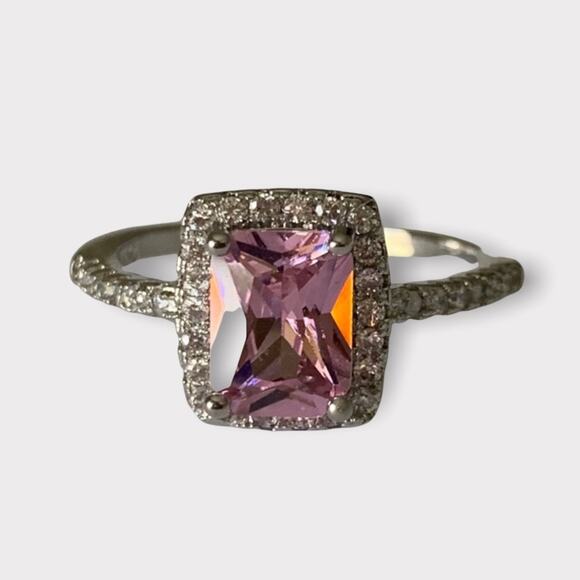 Halo Cushion Cut Pink White Diamond Ring .925 Silver Size 5.5 - Picture 1 of 6